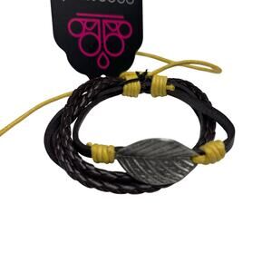 Paparazzi Braided Leather Silver Leaf Faux Wrap Bracelet Brown